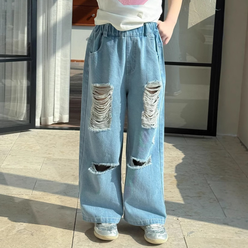 Ddmyshoesvip Children's 2025 summer new children's perforated jeans unisex trend style loose wide leg long pants