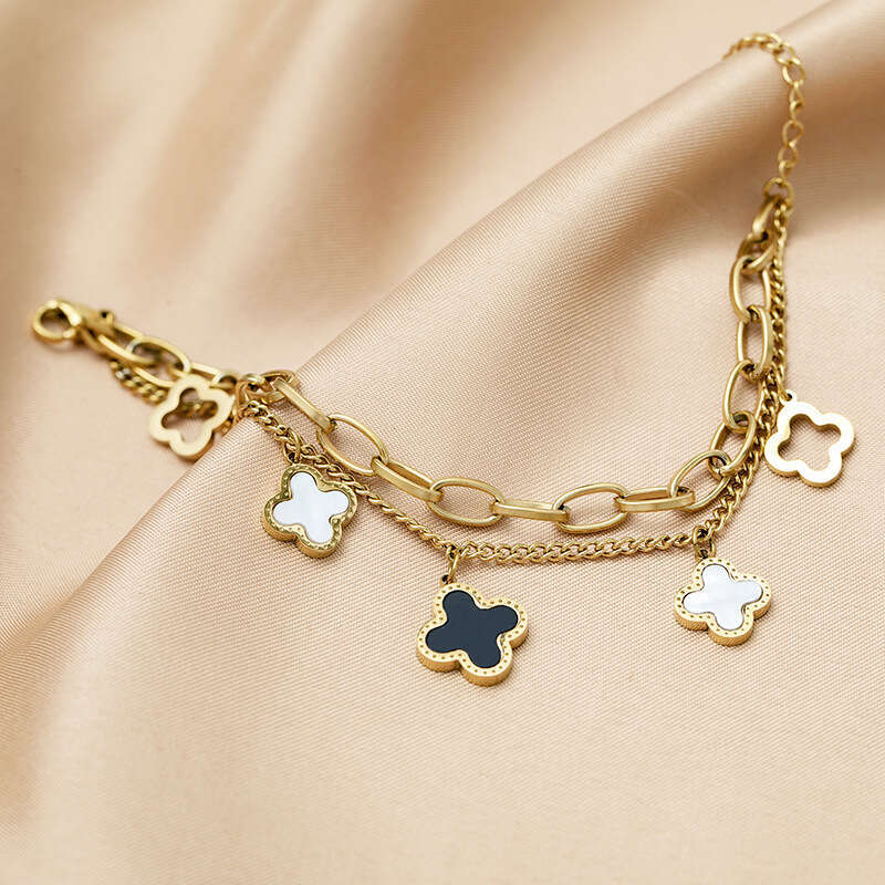 Women's Designer Clover-Shaped Wind Bracelet with Dual Layer Titanium Steel Chain - Rose Gold Finish