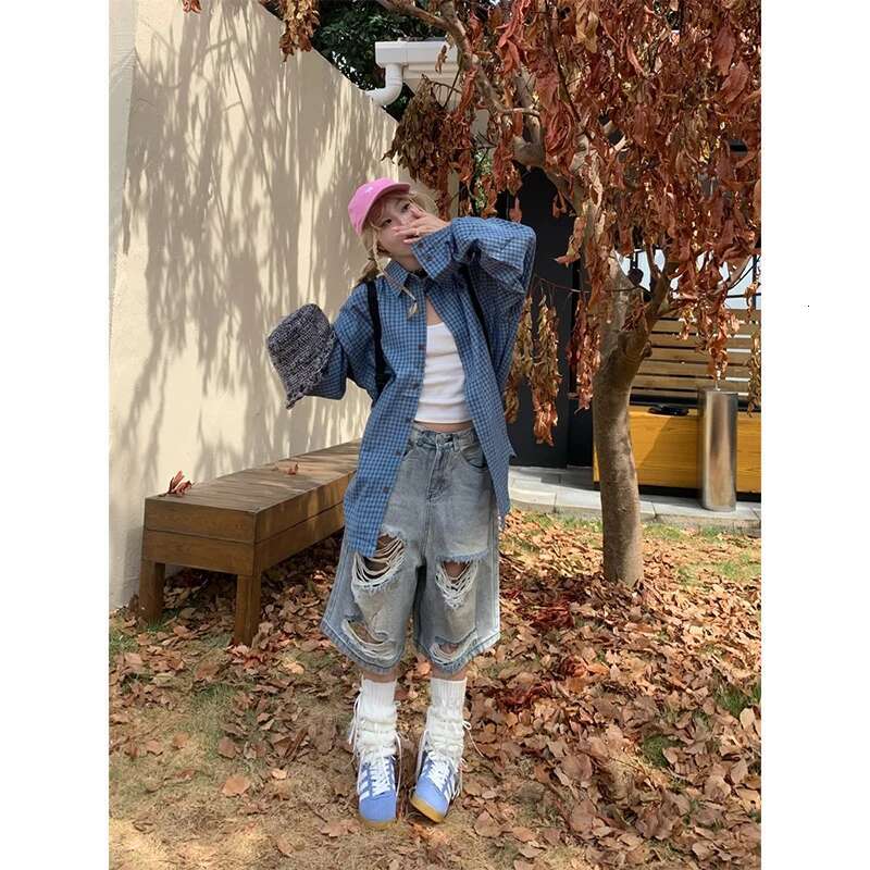 Summer Vintage Blue Ripped Short Jeans Women Oversized Distressed Jorts Y2k Grunge Baggy Boyfriend Denim Shorts Wide Streetwear