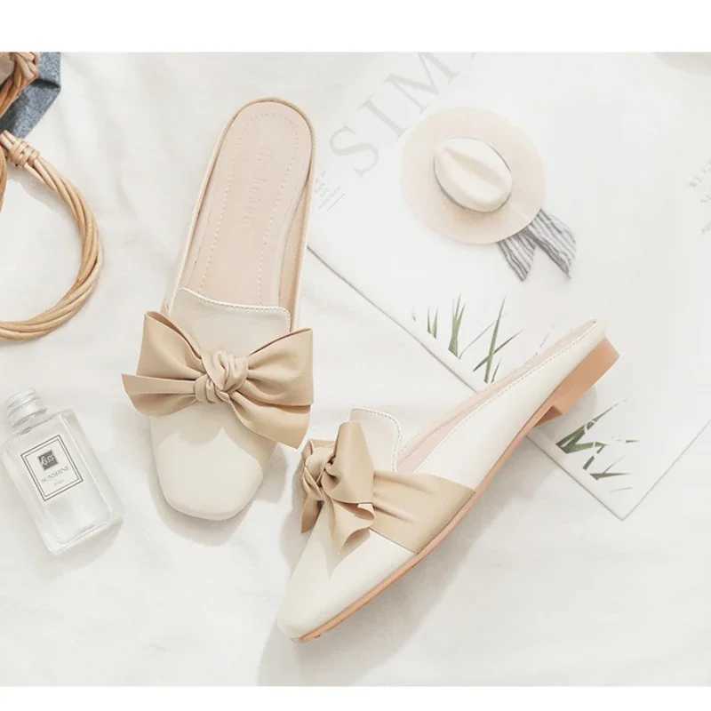 2023 Luxury Wan Knife Summer Close Toe Win Slippers Bowtie Lazy Slides Flat Heel Girl Slippers Korean Outdoor Flip Flops Y250306