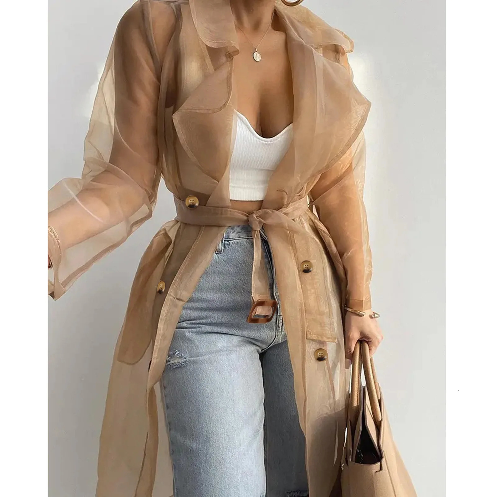 Fashion Cool Mesh Transparent Trench Coat Womens Laceup Sunscreen Shirt Net Yarn Long Thin With Belt 250306