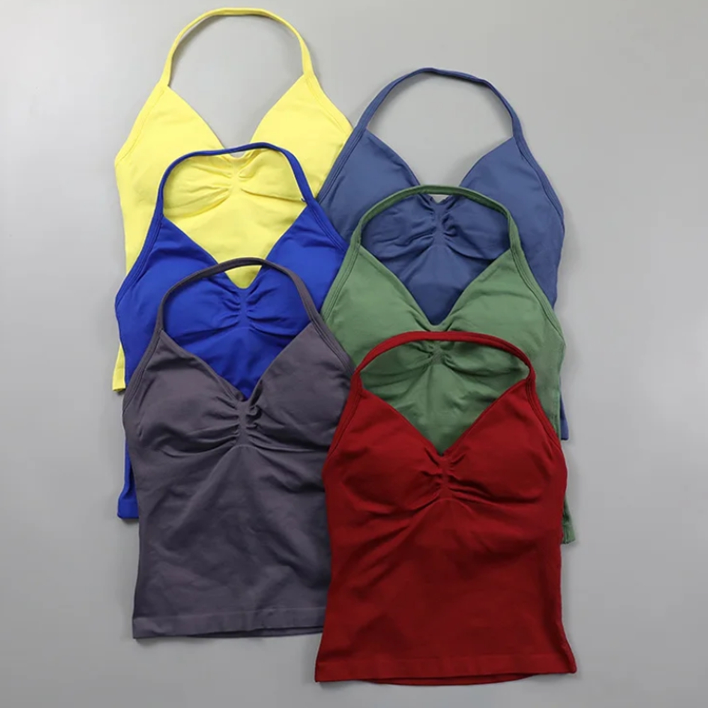 New Longline Strappy Top Sports Vest Women Seamless Yoga Tank Tops Ruched Backless Gym Clothes Workout Sleeveless Shirts With Chest Padded Outfit Bra
