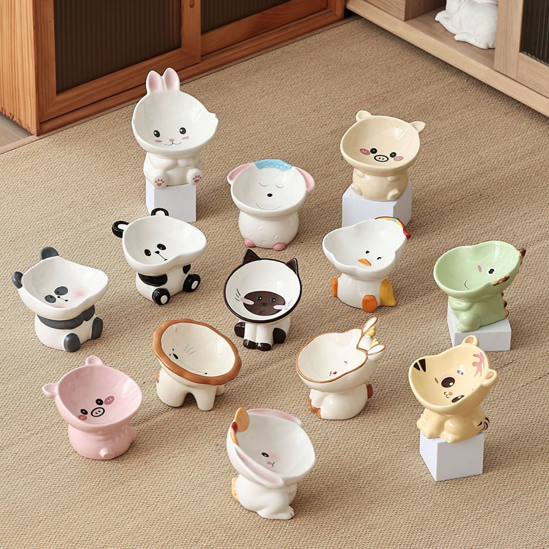 Porcelain Raised Cat Bowl, Cute Little Animals Tilted Cat Food Bowl Elevated Porcelain Pet Bowl Protect Pets Spine, Anti Vomit Prevent Tipping Over J2
