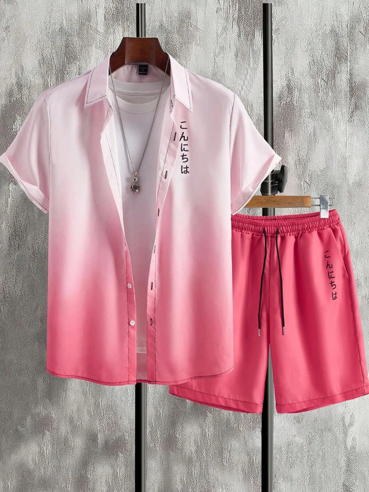 Coconut Tree Print Mens Shirt Gradient Short Sleeve And Beach Shorts Sets Summer Casual Loose Shirts Hawaiian Style Man Outfit 250305