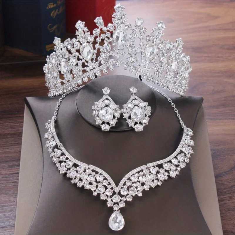 Luxury Silver Color Crystal Water Drop Bridal Jewelry Sets Rhinestone Tiaras Crown Necklace Earrings Wedding Dubai Jewelry Set X250306