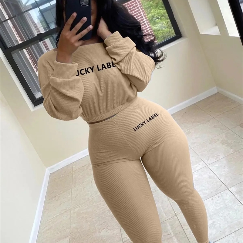 Fashion Summer Solid Lucky Label Letter Embroidery Two Piece Sets Women SweatshirtLeggings Casual Sporty Tracksuits Female 250305