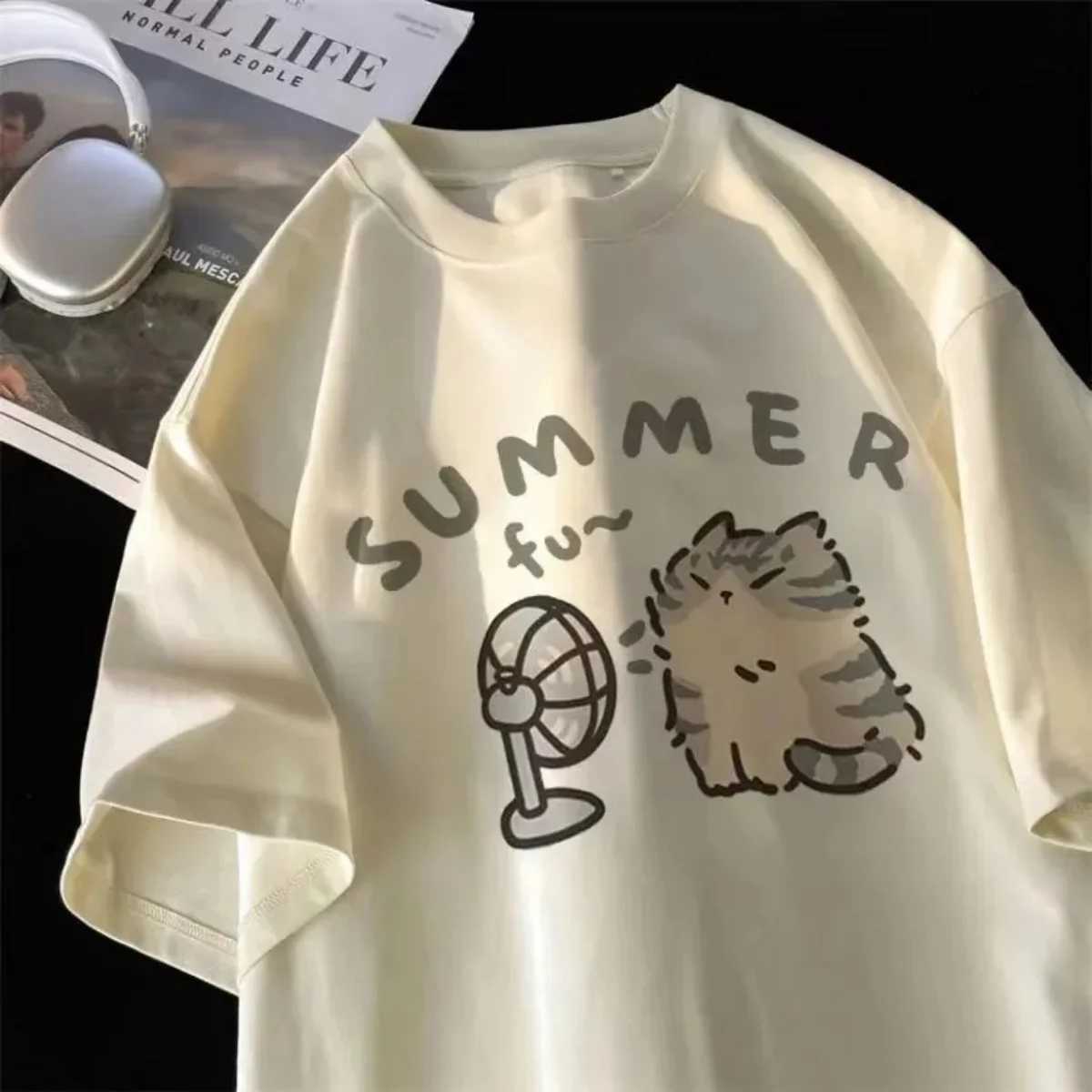 Summer Cat Print Funny Kids Woman Tees T-shirt Cotton Boys Girls Short Sleeve Korean Kpop Clothes Casual Oversized Free ShippingT250306