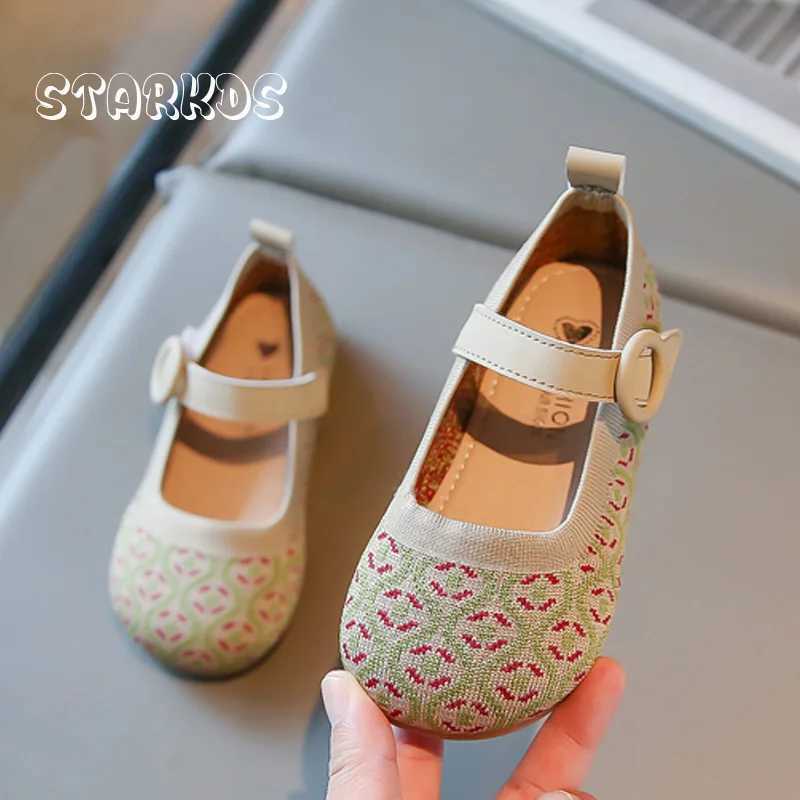 Vintage Green Jacquard Shoes Girls Breathable Knitted Ballet Flats Baby Kids Retro Elegant Floral Mary Jane Loafer ZapatosT250306