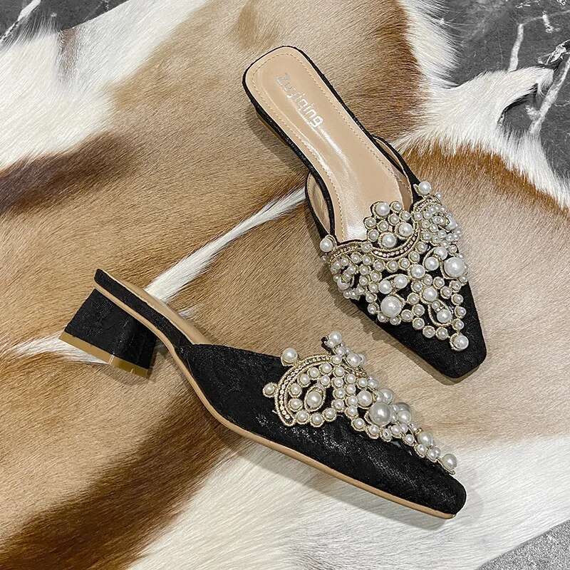 2025 Pearl Half Slippers Women Shoe Autumn Rhie Chunky Mid Heel Slipper Sandals Fashion Muller Casual Versatile Single Shoes