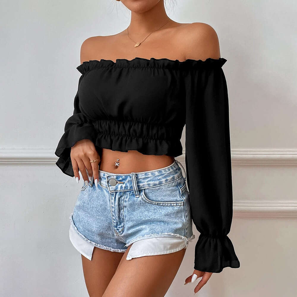 Autumn Sexy Casual Home Collection Waist With Wooden Leaf Edges, Long Sleeve Women's Shirt Top KLMY