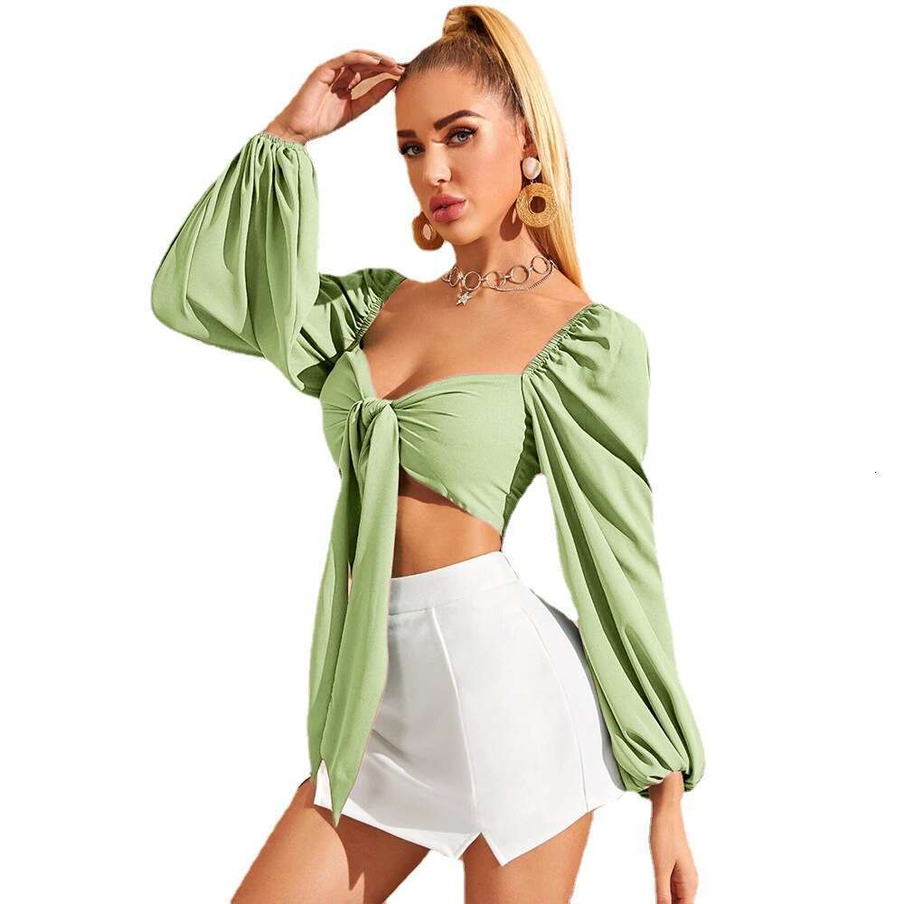 Sexy New Ultra Short Lace Up Slim Fit Bubble Sleeve Women's Solid Color Long Sleeved Top KLMY