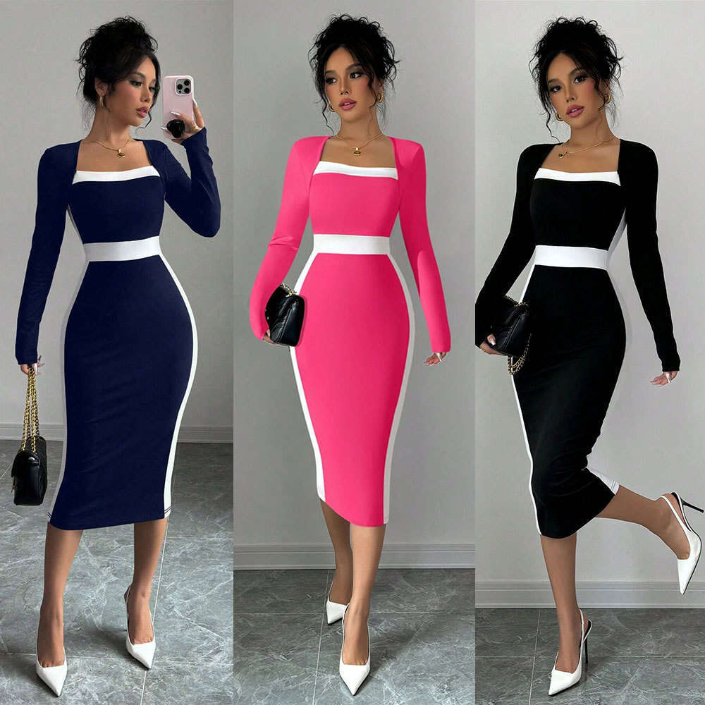 New Women's Patchwork Contrasting Mid Length Skirt Sexy Hip Hugging Long Sleeved Dress KLMY