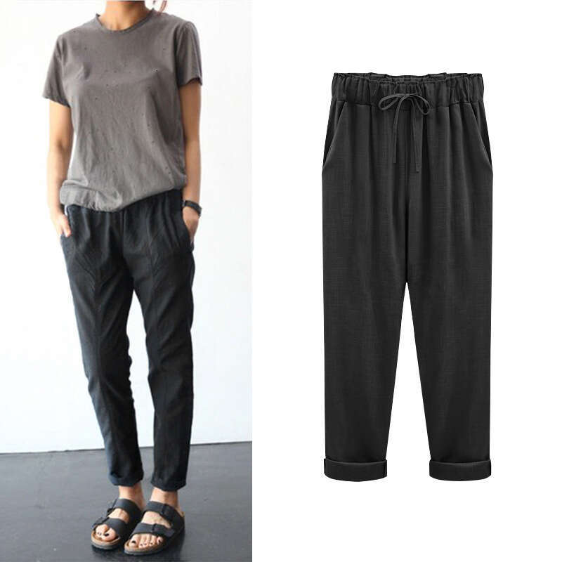 Spring summer size cotton en women's cropped pants, plus size, 200 pounds, fat mm, loose and n, 2025 new casual fashion trend clothing