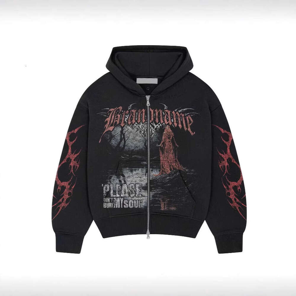 Fashionable autumn winter street printed dark cardigan design, fashionable and versatile jacket, hooded sweatshirt gift for man