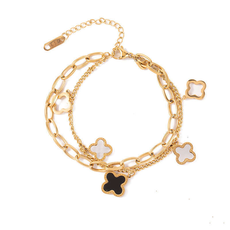 Women's Designer Clover-Shaped Wind Bracelet with Dual Layer Titanium Steel Chain - Rose Gold Finish