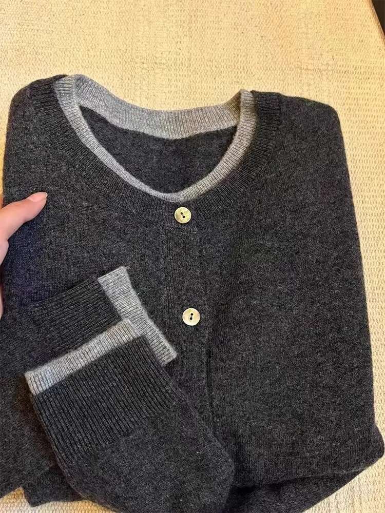 Fake Two 100% Pure Cashmere Sweater Cardigan Dark Grey High-Grade Wool Knit Coat Top
