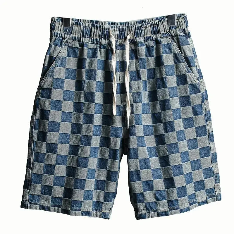 Mens denim shorts half Bermuda loose flat wide pocket mens thin blue Korean fashion Harajuku Xl 250306