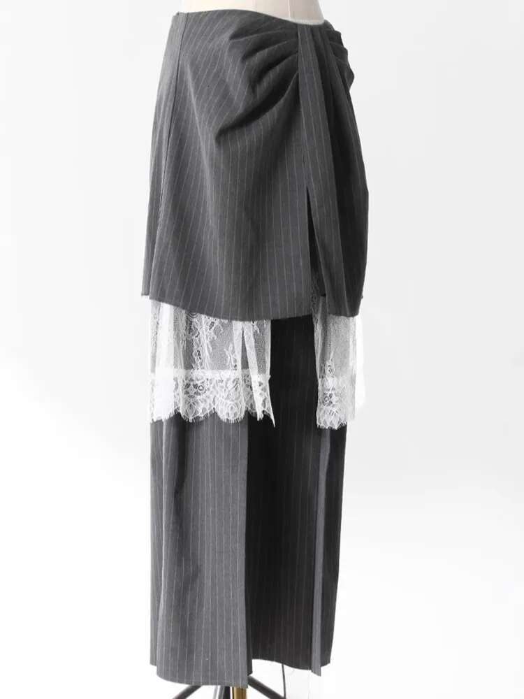ZMEENNA Gray Stripe Patchwork Skirt Gauze 2 Piece Sets For Women 2025 Spring Fashion Female New Elegant Pants Zm616