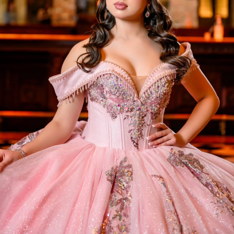 Pink Shiny Quinceanera Dress Sequin Applique Lace Beads Tull Princess Ball Gown Sweet 16 Vestidos 15 De XV Anos Party Birthday Gown