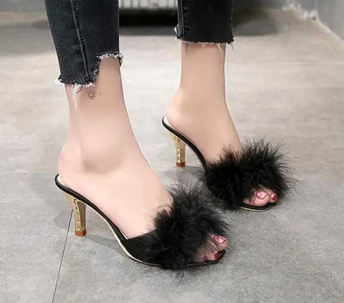 2023 Summer Shoes Wan Feather Thin High H Fur Slide Peep Toe Mes Womens Pump Slide Shoes Large Size Y250306