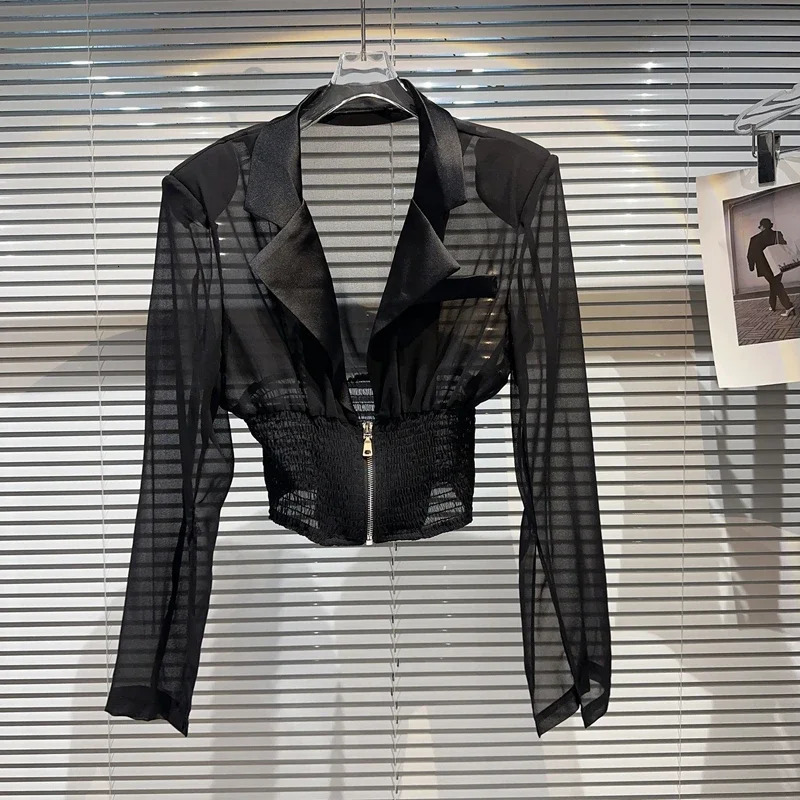 KTCZ Temperament Perspective Mesh Jacket Womens Elastic Slim Waist Causal Notched Zipper Coat Trend Summer 250306