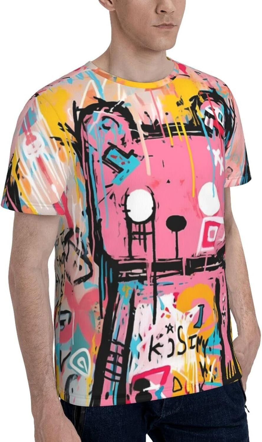 Mens T shirt Graffiti Bear Trendy 3D Graphic Tee - Cartoon Graffiti Print Soft Comfort Casual Summer Crew Neck T-Shirt Tops tee Casual tops summer clo