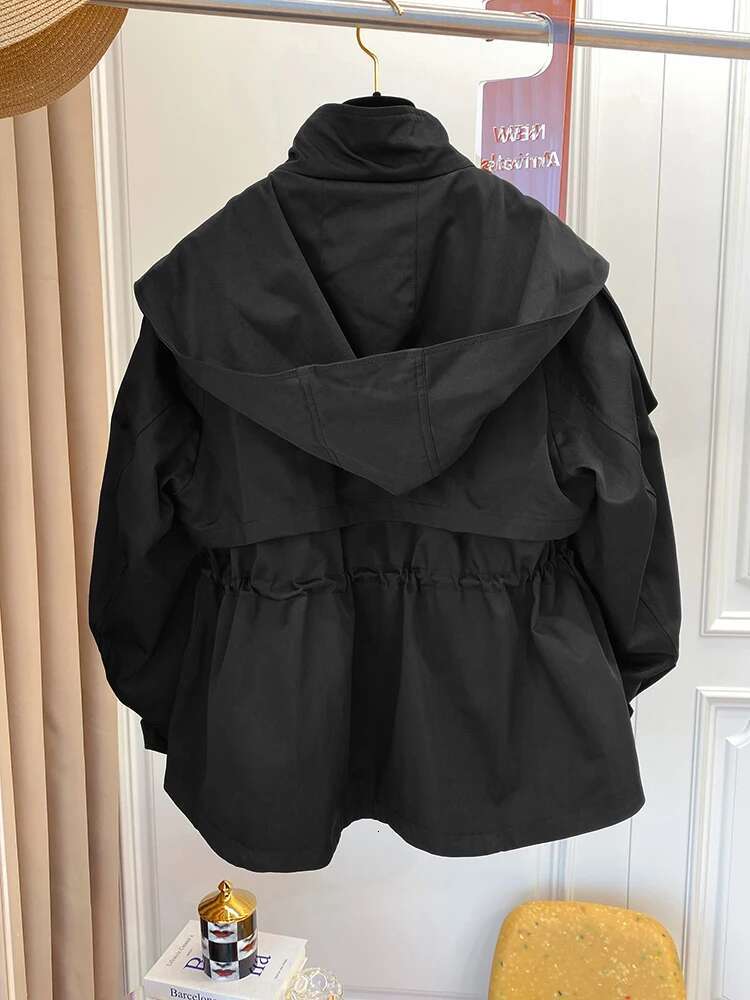Lautaro Spring Autumn Oversized Casual Waterproof Khaki Windbreaker Women With Long Sleeve Hood Drawstring Zipper Cargo Jacket