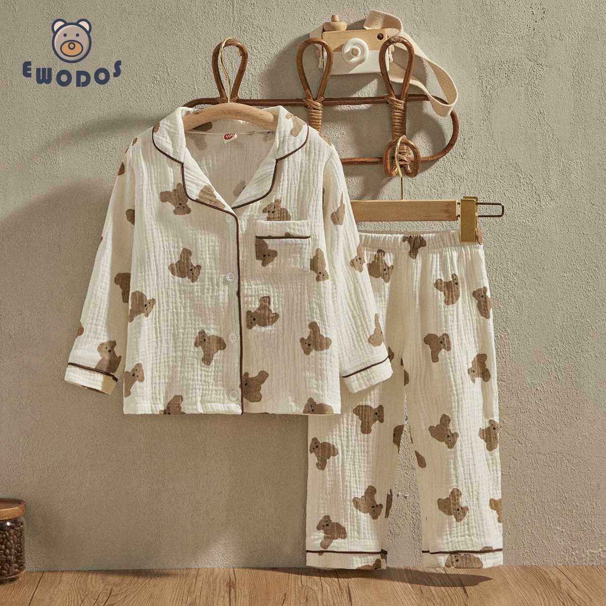 EWODOS 1-6 Years Toddler Baby Kids Unisex Casual Pajama Suit Cartoon Bear Print Long Sleeve Front Pocket Lapel Tops+ Long Pants M250306