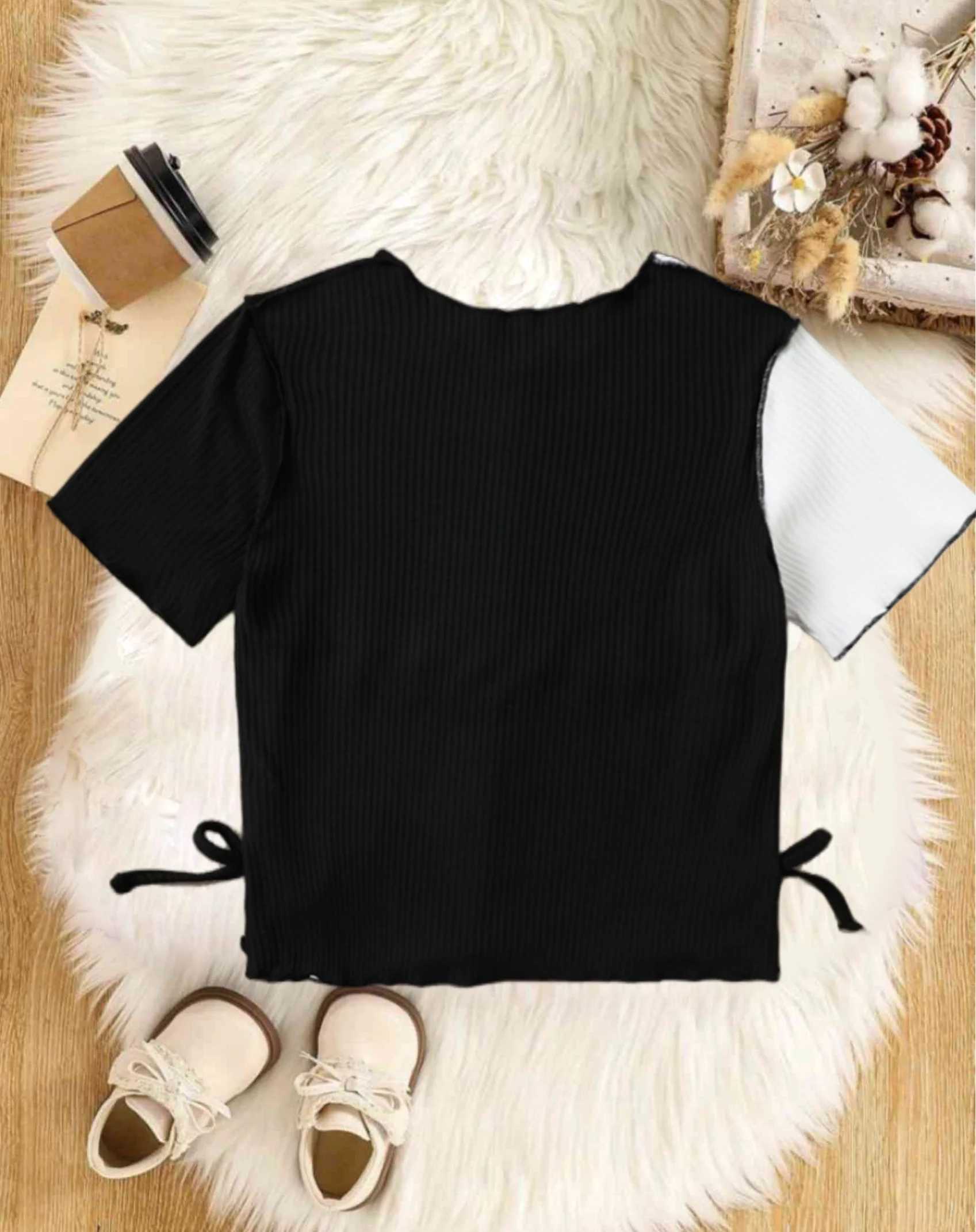 Vintage color patchwork round neck slimming slim double side bow style short sleeve T-shirt top for kids girls summerT250306