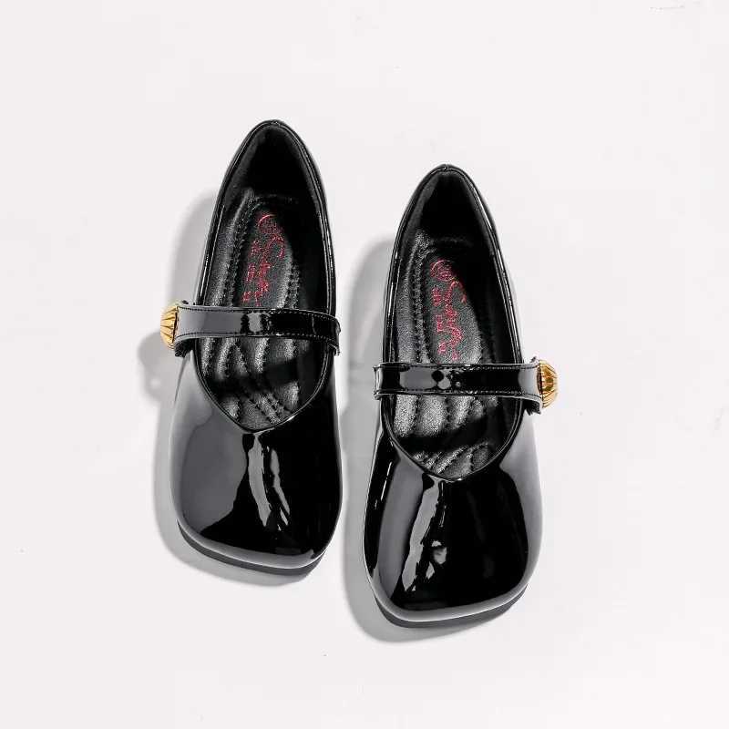 2024 Girls Leather Shoes Square Toe Elegant Shallow Kids Mary Janes Flat Sole Comfy Children Single Shoes Girls Princess ShoesT250306