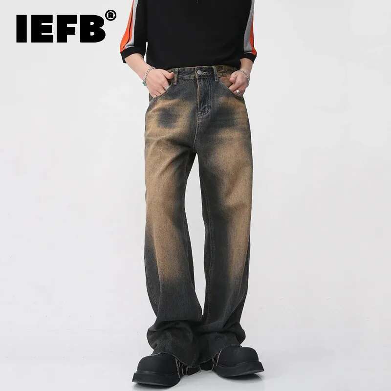 IEFB Vintage Men's Burrs Jeans Summer New Gradient Color Straight Denim Pants High Street Male Casual Wide Leg Trousers 9W460