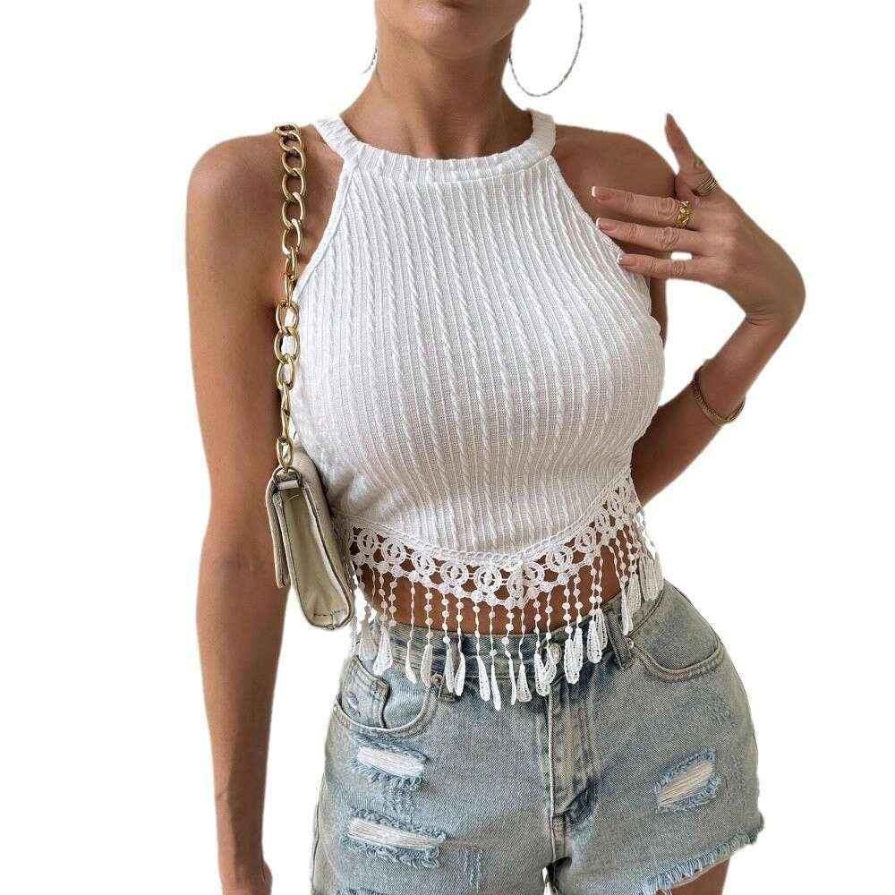 2025 Women's Spring/Summer New Elegant Tassel Tank Short, Slimming And Slimming, Exposed Umbilical Top KLMY