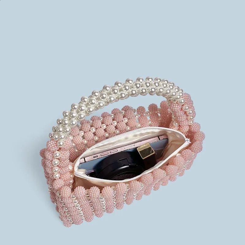 Fahsion Pink Acrylic Pearl Beaded Evening Bag for Youth Lady Womens Hand-beaded Handbag Wedding Party Clutches 250305