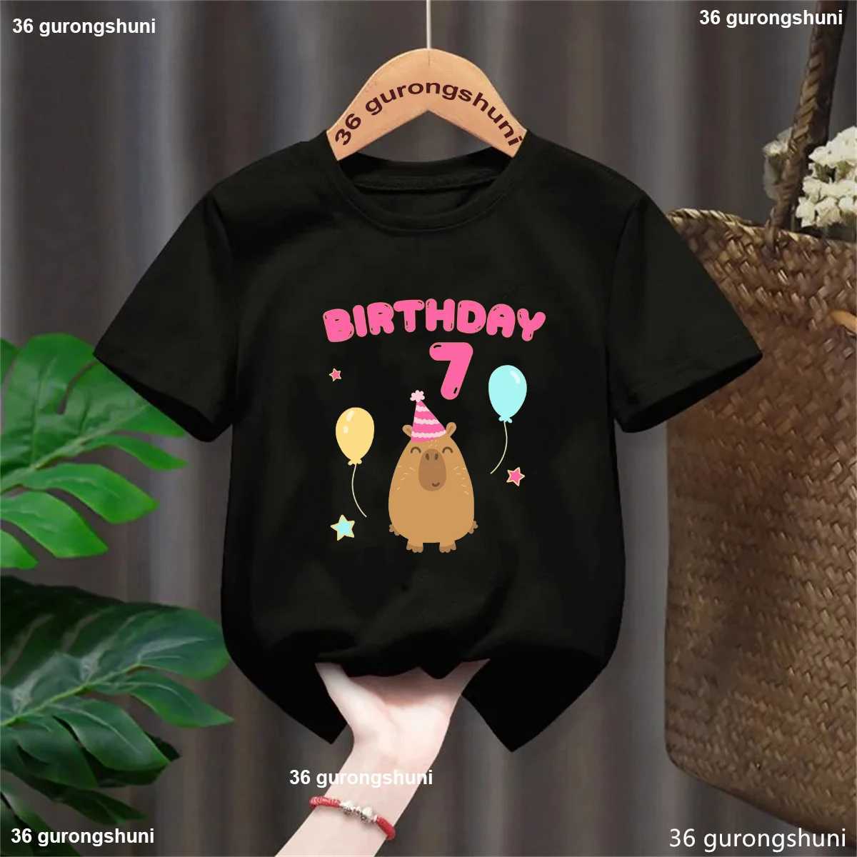 5th/6th/7th/8th/9th Birthday Capybara Balloon Printed Tshirt Girls/Boys Funny Kawaii Kids Clothes Fashion Solid T-Shirt TopsT250306