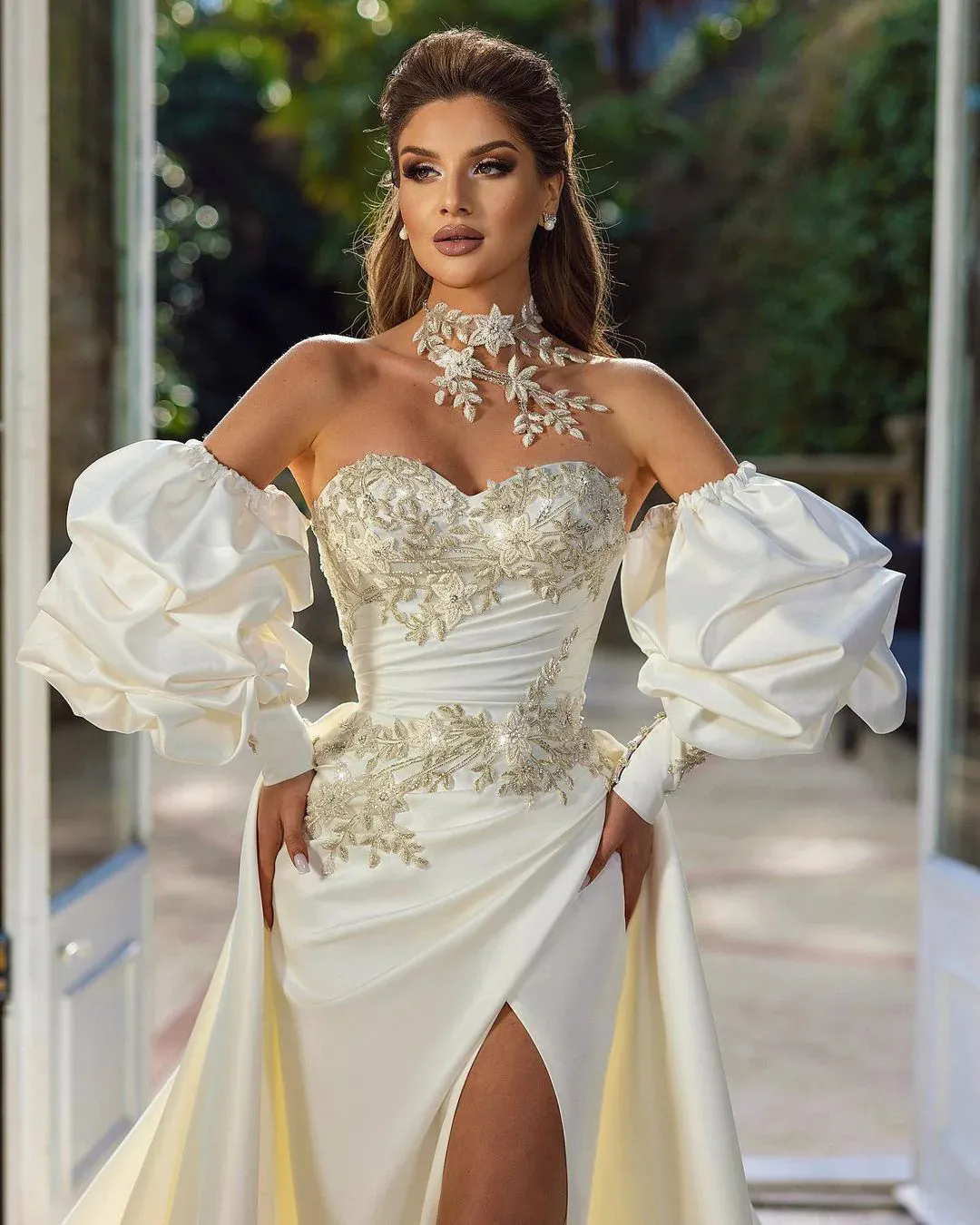 Plus Size Strapless Mermaid Wedding Dress Long Puff Sleeves Appliques Bridal Gowns Backless Sleeveless Floor Length Brides Dress Vestidos De Novia