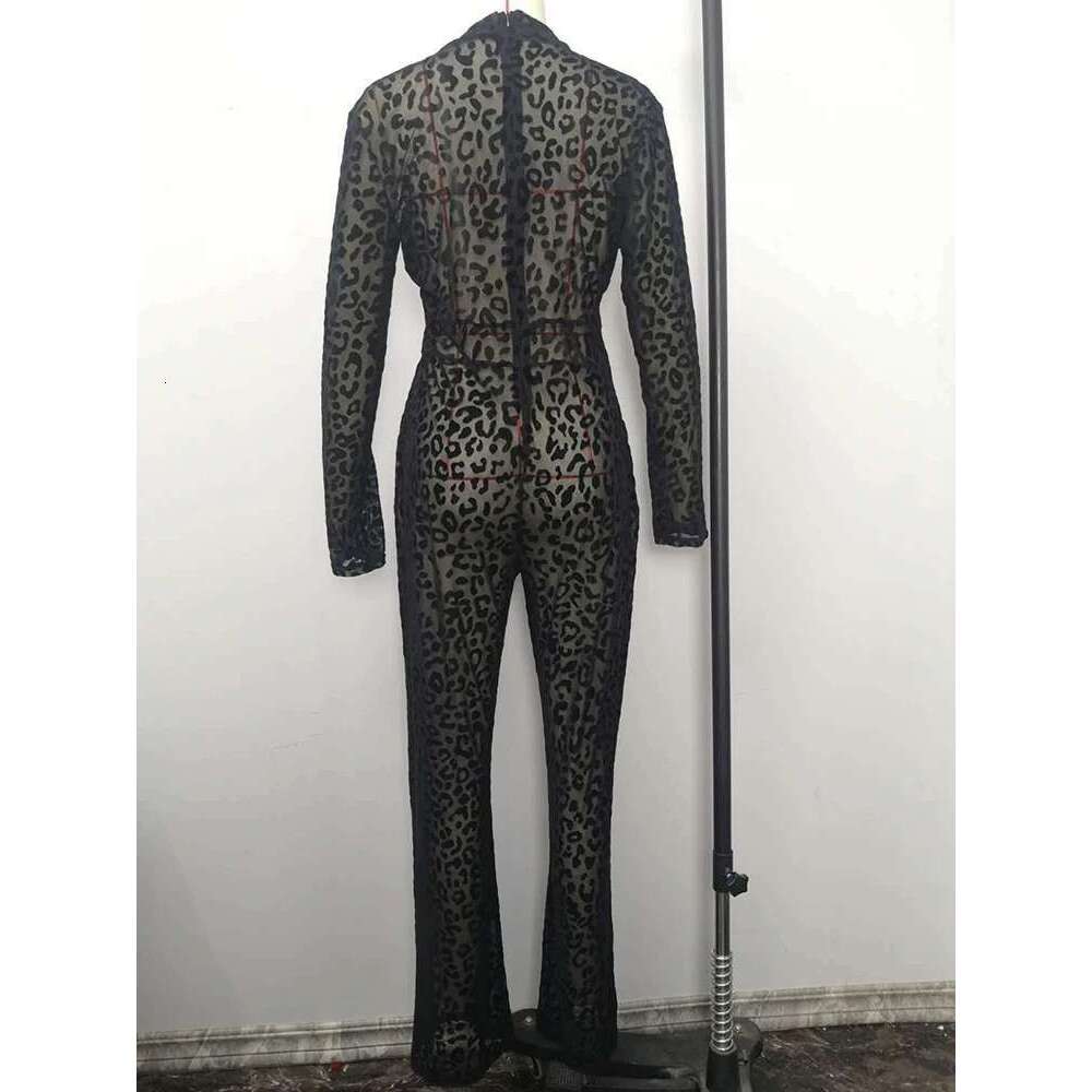 Sibybo Fashion Gauze Jumpsuits Sexy Leopard Print See Through Rompers Casual Basic Long Sleeves Wide Leg Pants Hot Girl Clothing KLMY