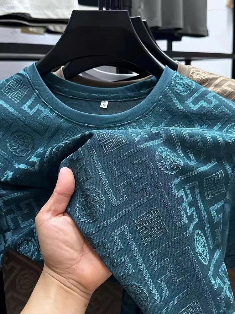 Men's T Shirts High End Brand Fashion Printed Short Sleeve T-shirt Men Summer Ice Silk Plaid Round Neck Casual Breathable Top