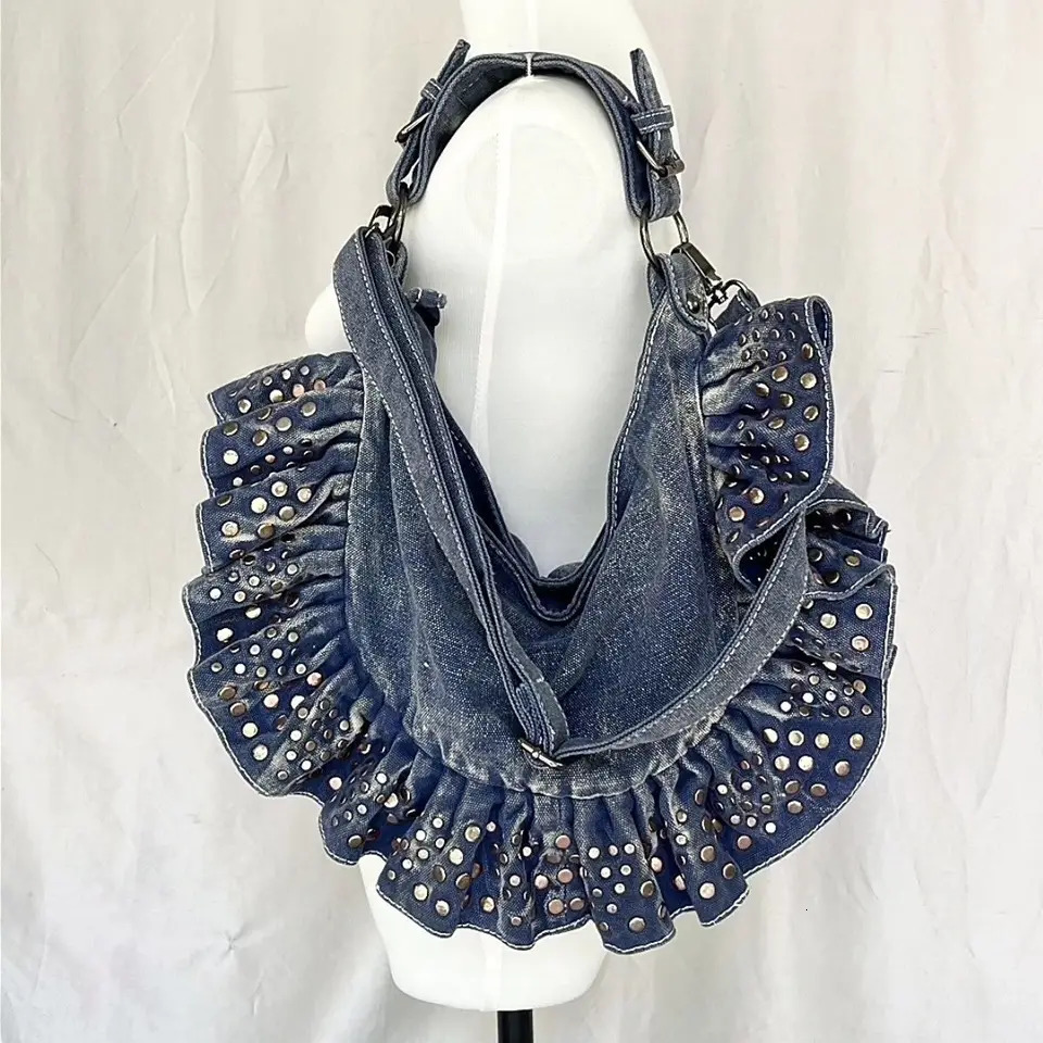 Fashion Hobo Denim Shoulder Bag with Sequin Womens Ruffles Jean Crossbody Bag with Zipper Female Purse Bag in Blue 250306