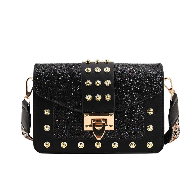 Glitter Women's 2023 New Fashionable Wide Strap Shoulder Crossbody Bag Rivet Handbag