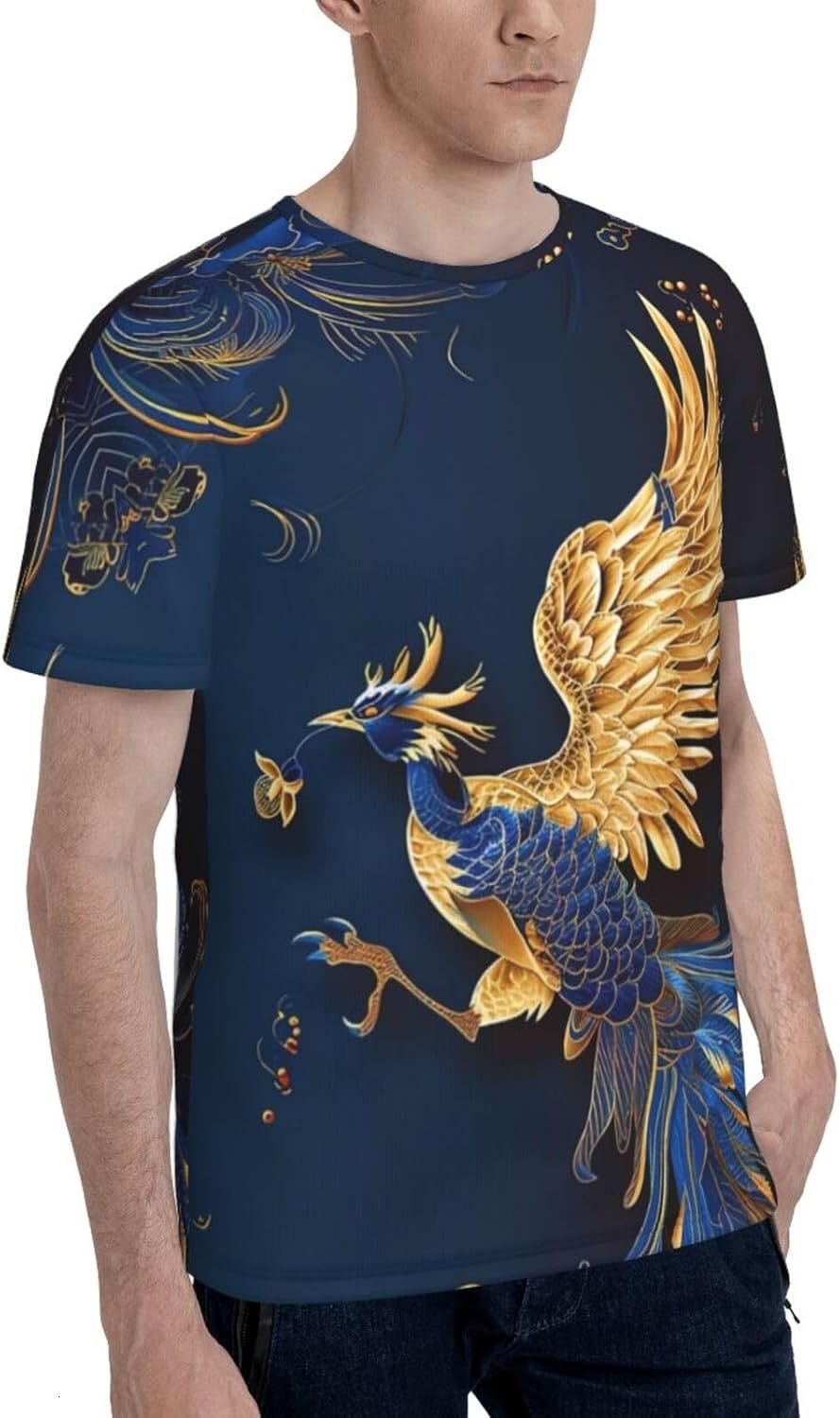 Mens T shirt Blue Gold Phoenix 3D Graphic T-Shirt for Men and Women - Dark Blue Trendy Casual Soft Comfort Crew Neck Tee tee Casual tops summer clothe
