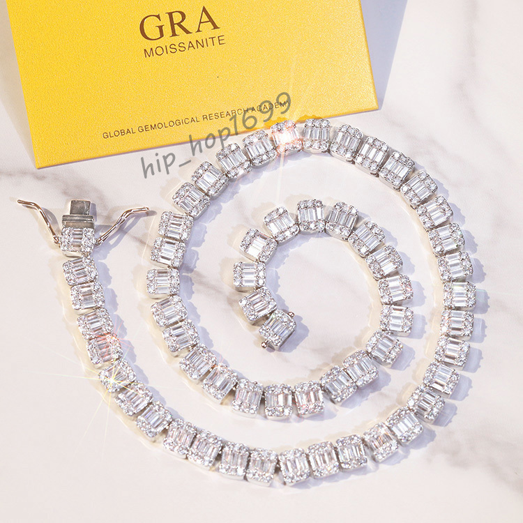 Fashion Baguette Tennis Chain Fine Jewelry 9mm Width S925 Solid Silver Chain Hip Hop Necklace VVS Moissanite Cuban Chain