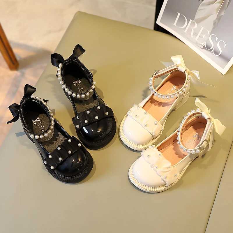 Children Mary Janes Back Riband Ankle Strap Sweet Girls Leather Shoes Round Toe Beading Lovely 26-36 Fashion Kids Autumn ShoesT250306