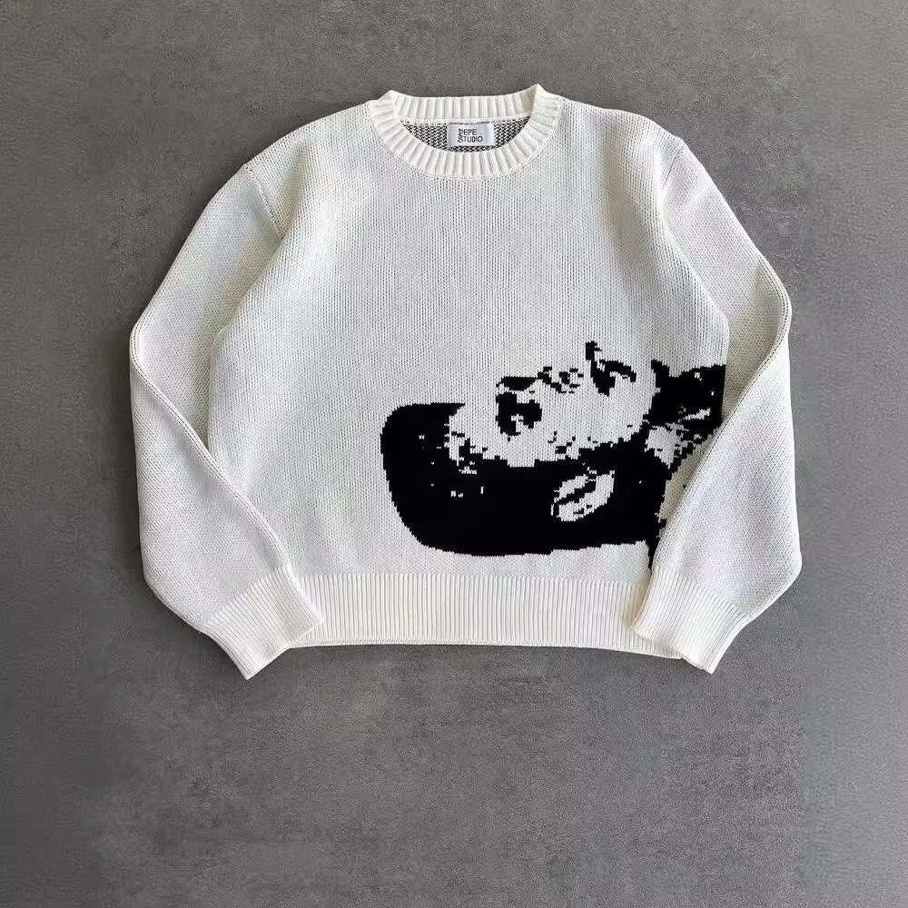Ins knitted anime jacquard pattern round neck long sleeved high street loose sweater dark style
