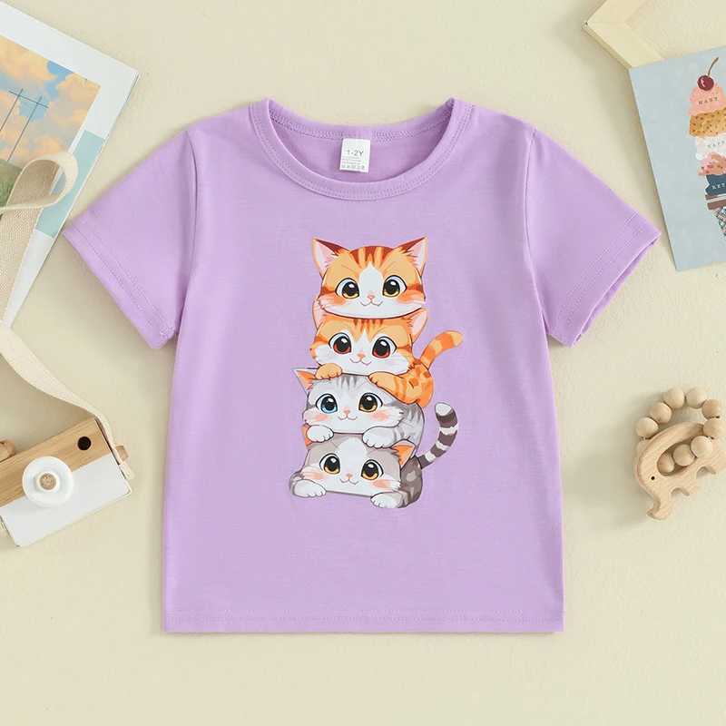 Pudcoco Summer T Shirt Cat Shirts For Girls Cartoon Graphic Tees Short Sleeve Crewneck Tops Size 1 To 8 Years Cute OutfitsT250306