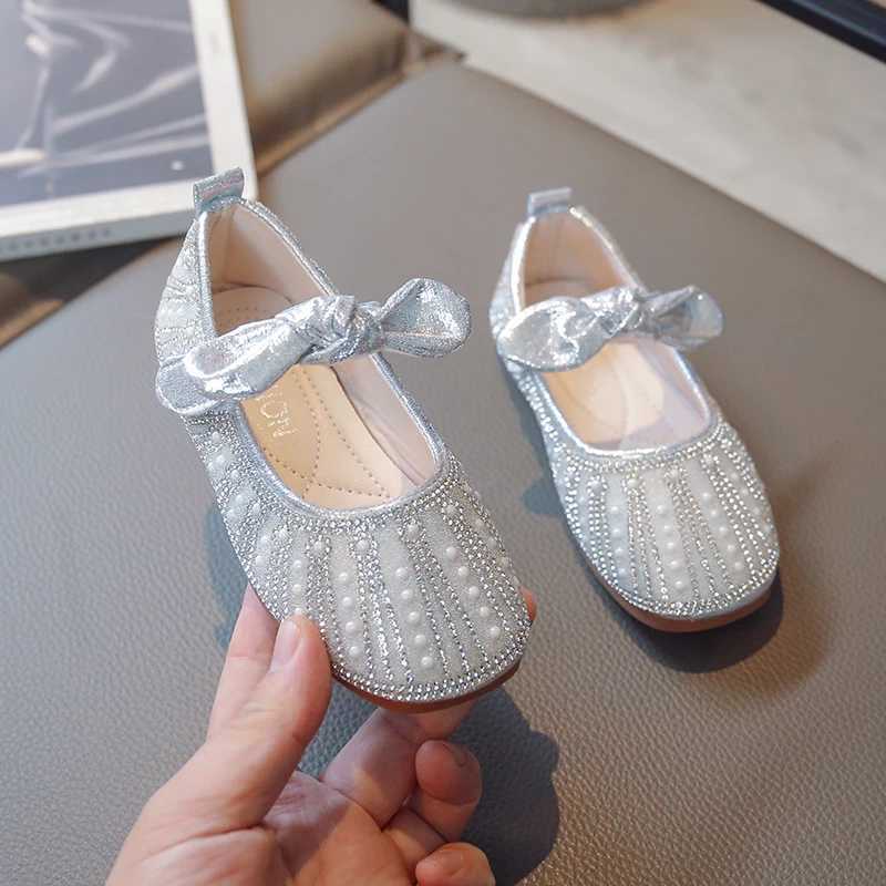 Girls Mary Jane 2023 Spring and Autumn New Children Round-toe Bow Flats Shine Sweet Princess Party Wedding Shows Leather ShoesT250306