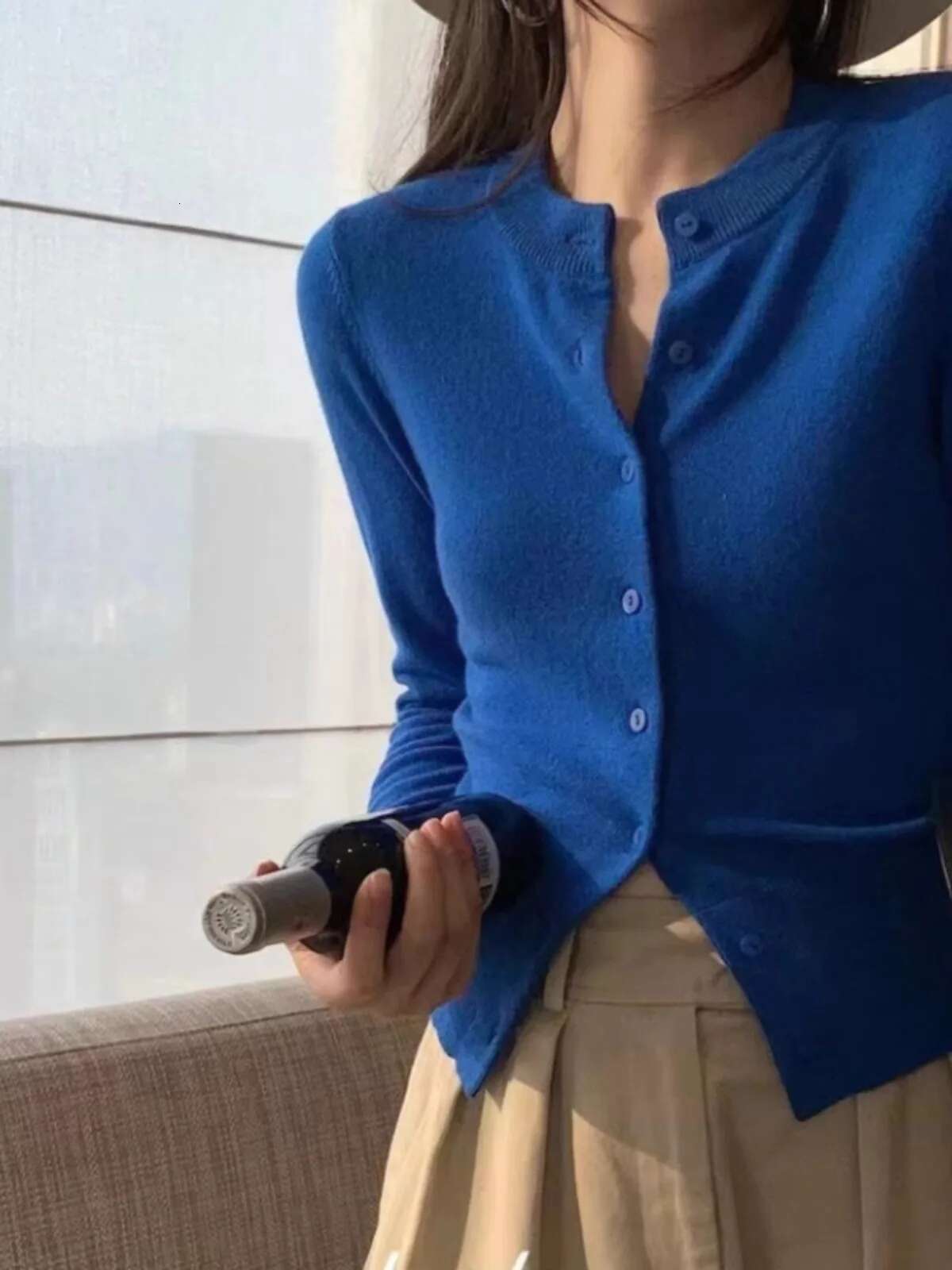 Slim Slim Round Neck Cashmere Knit Cardigan Women's Spring And Autumn Thin Short Sweater Wool Base Coat