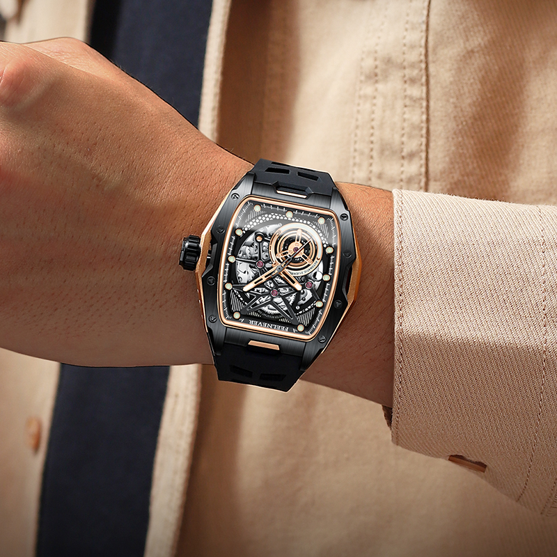 LIGE's new hollowed out wine barrel shaped mechanical watch with personalized large dial men's watch and high aesthetic value watch