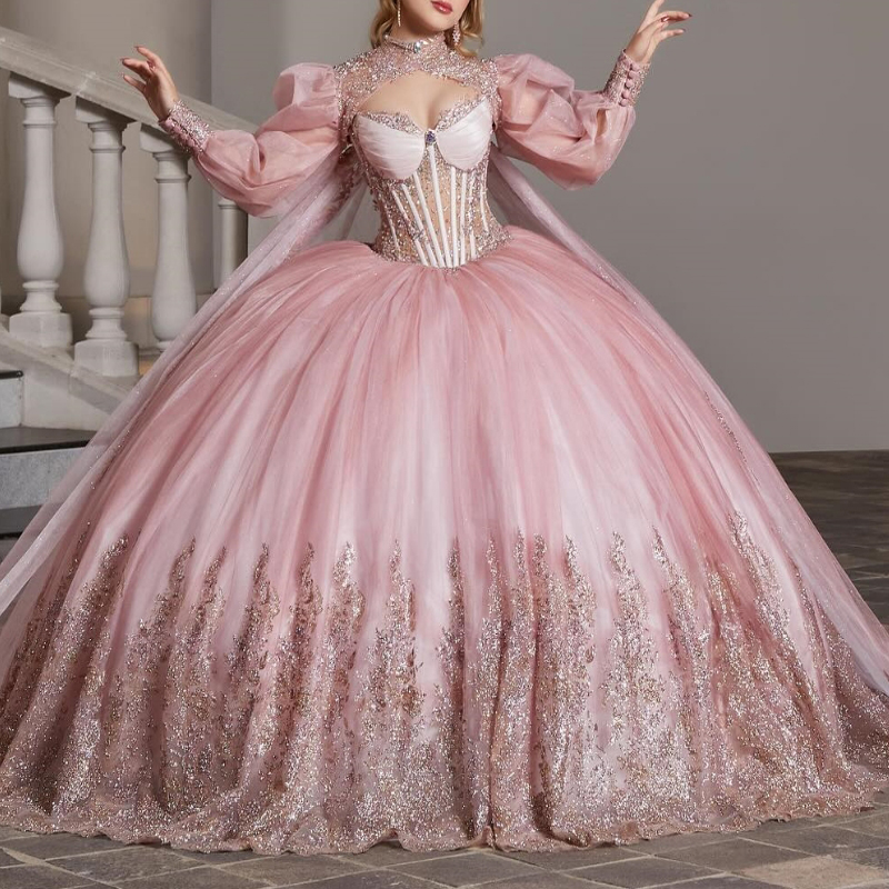 Pink Shiny Quinceanera Dress Applique Lace Beads Tull With Cape Princess Ball Gown Sweet 16 Vestidos 15 De XV Anos Party Birthday Gown