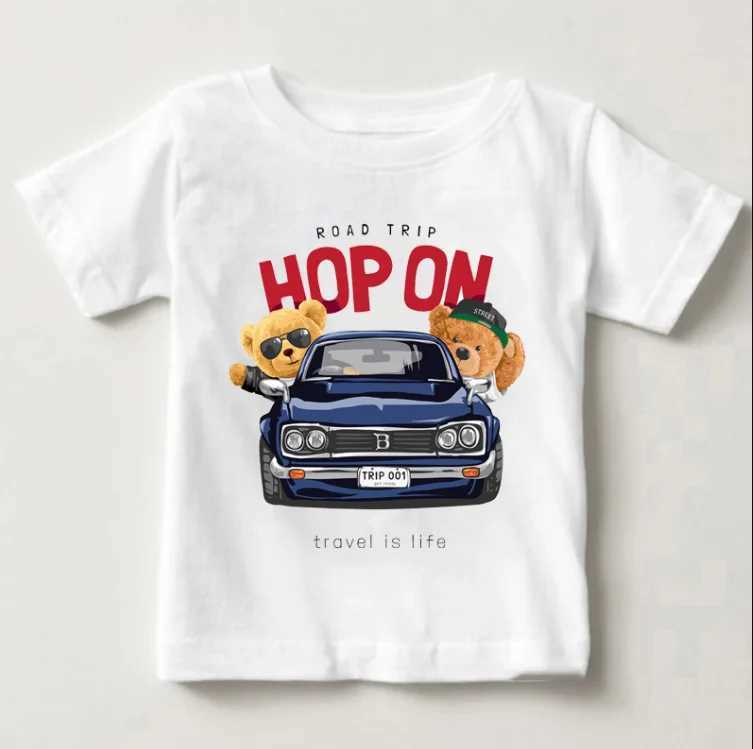Cute Bear Riding Car Print Boys And Girls White T-shirt Childrens Summer Harajuku Kawaii Funny Baby Y2K ClothesT250306