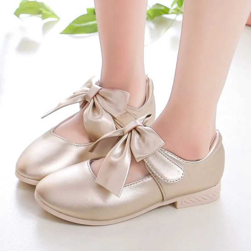 Girls Princess Shoes Shallow Bowknot Metallic Color Fashion Sweet Girls Mary Janes Shoes Light Non-slip 26-36 Kids Ballet FlatsT250306